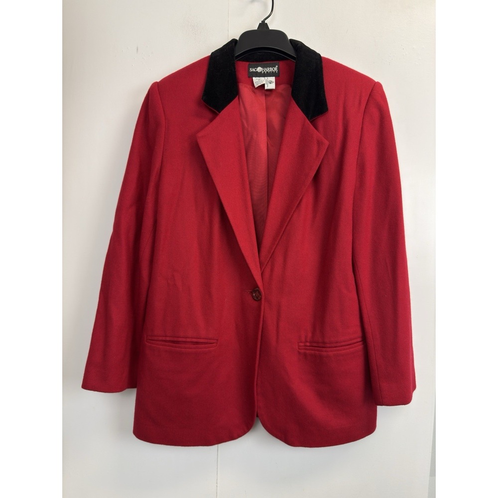 Sag Harbor Blazer Jacket Red Black Velvet Collar 100% Wool‎ Women's Size 12